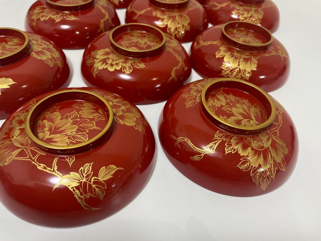 漆器 朱漆 内朱塗 漆器 吸物 懐石椀 煮物椀 10 客 牡丹柄 アンティーク