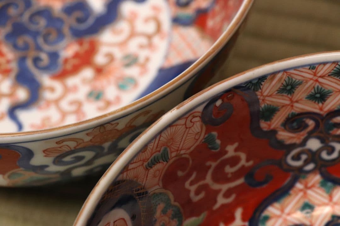 古伊万里 冨貴長春 色絵鉢 二客 福良雀 草花 唐草 錦手 中鉢【MA479】