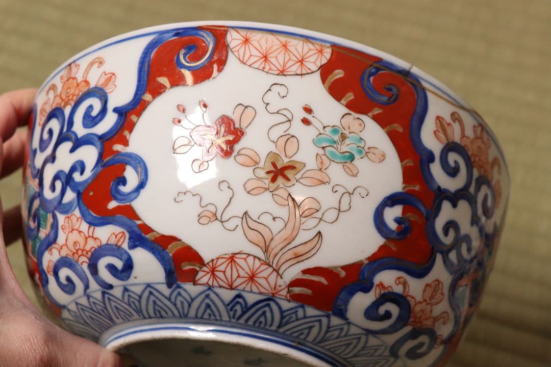 古伊万里 冨貴長春 色絵鉢 二客 福良雀 草花 唐草 錦手 中鉢【MA479】