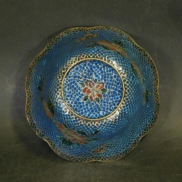 【中国古玩　唐物　透胎七宝　藍彩牡丹蝶紋　覆輪縁碗（茶碗）】№５