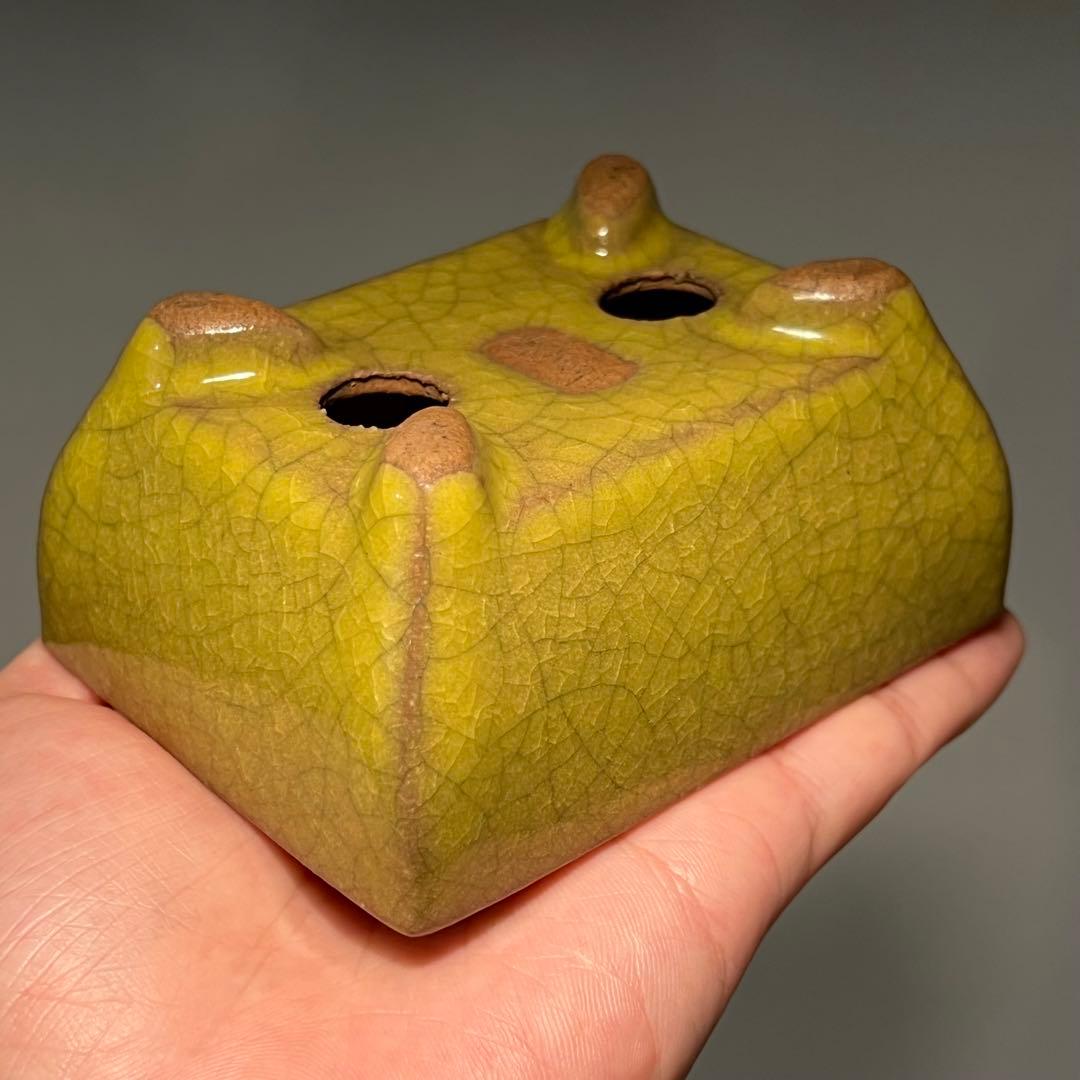 814.暁雲 黄貫入釉長方 盆栽鉢 植木鉢 10.1*7.9*5cm