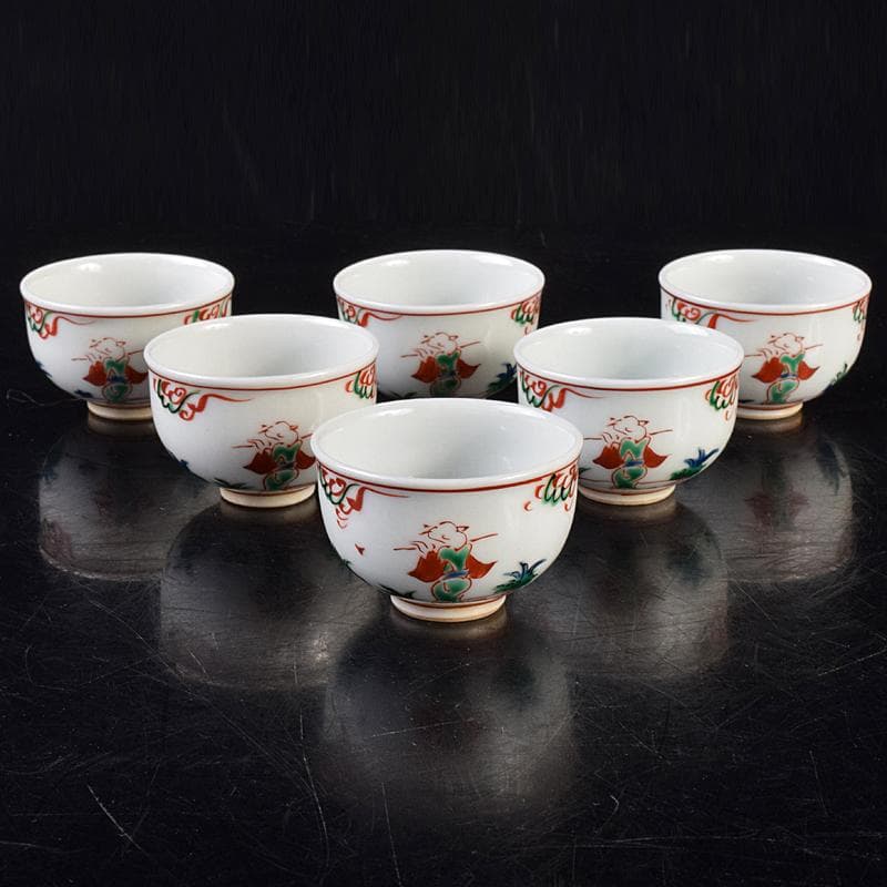 煎茶道具　九谷焼　赤絵　人物文　煎茶碗　六客　仕覆・時代箱付　M　R7559