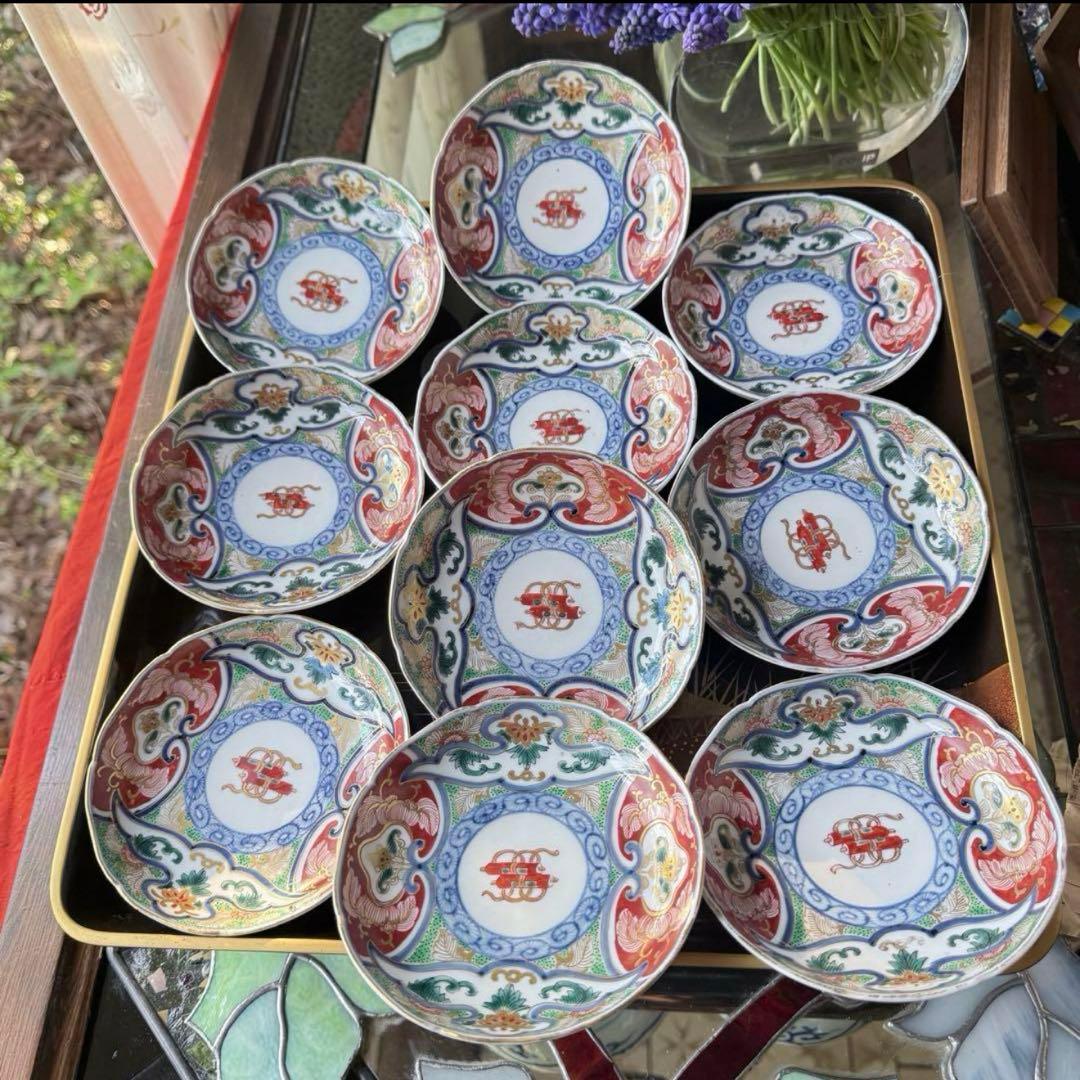 Y様へ感謝お嫁入り‼️涼やか星丸紋切子ボウル1客　錦手牡丹唐草小皿10客➕5客元箱