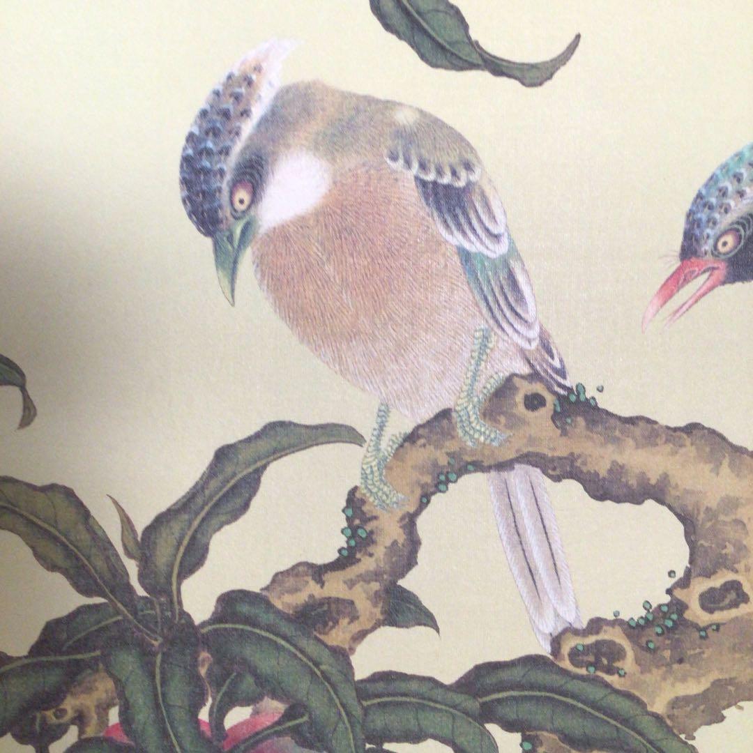 No4730掛軸　熊代熊斐「桃樹山鵲図」　絹本　共箱/タトウ箱　複製　送料無料