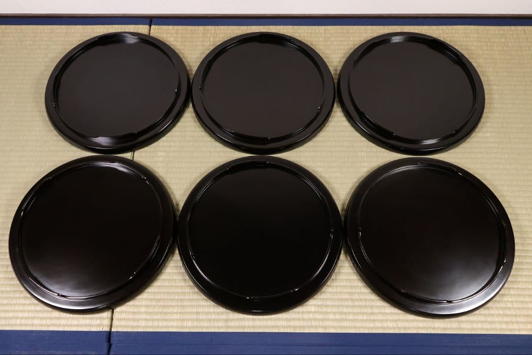 輪島塗 本堅地 黒塗 縁青漆 足付 丸膳 37.8cm 六客 木製【CM382