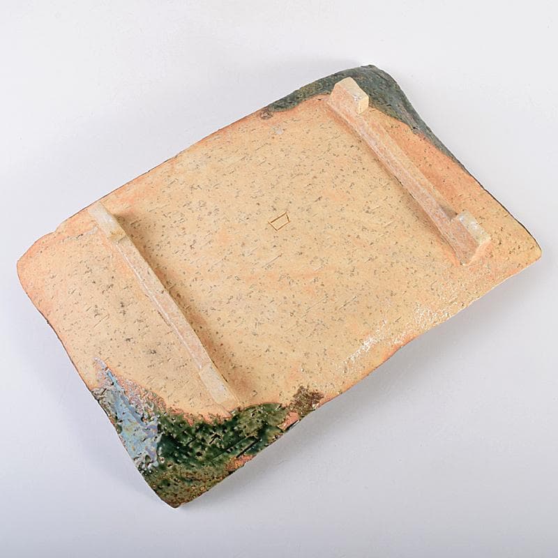 北大路魯山人作　織部焼　鳥絵　長四方皿　狙板　共布　極め箱　D　R7695B