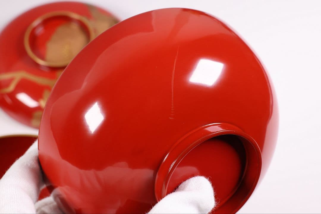 【MB178】輪島塗 花鳥金蒔絵 朱塗椀 二客 煮物椀 天然木漆塗 鶯牡丹 昭和