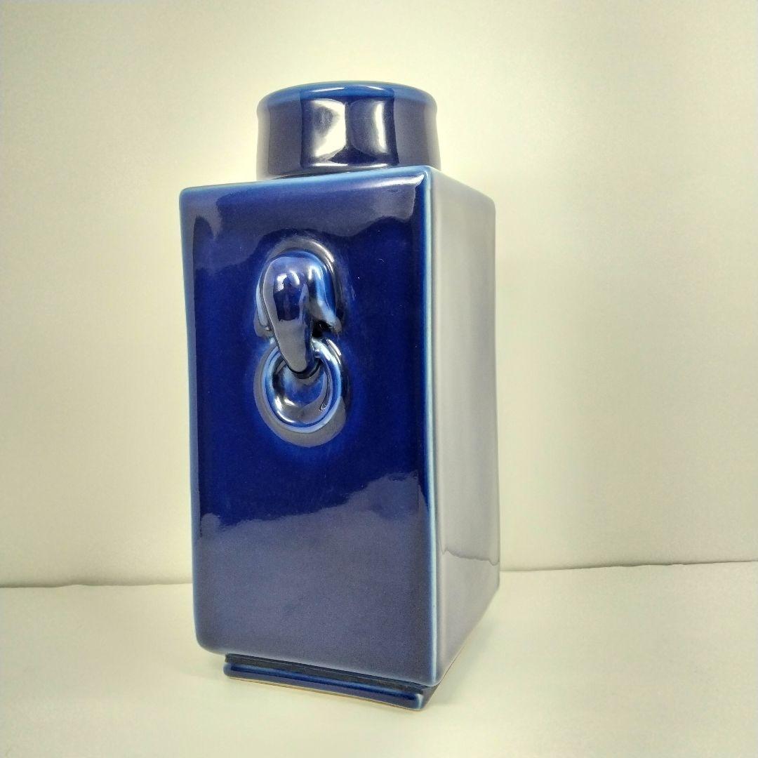 x130 中国 清代 藍釉 象耳方形瓶 角花瓶 高さ25.5cm