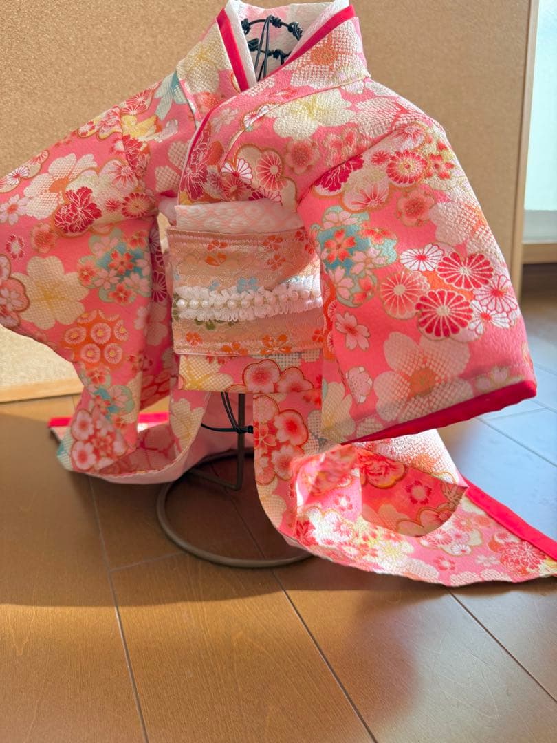 わんちゃん女の子　引きずり大振袖　ピンク花柄　Sサイズ
