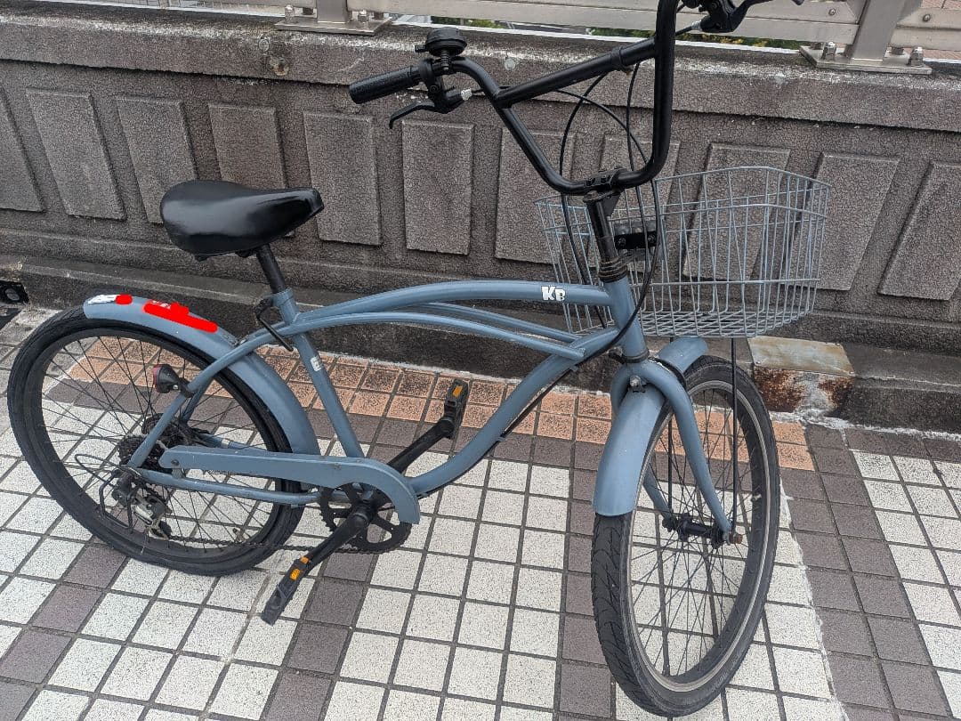 ブルーグレー　ビーチクルーザーKB 24インチ　6段ギアカゴ付き　自転車 訳あり