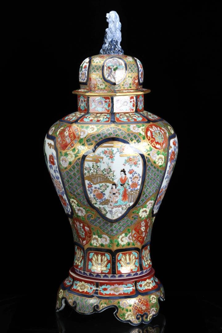 s*a様 有田焼 朱明窯 藤井朱明 染錦金彩獅子蓋孔雀図沈香壺 三段飾壺 特大9