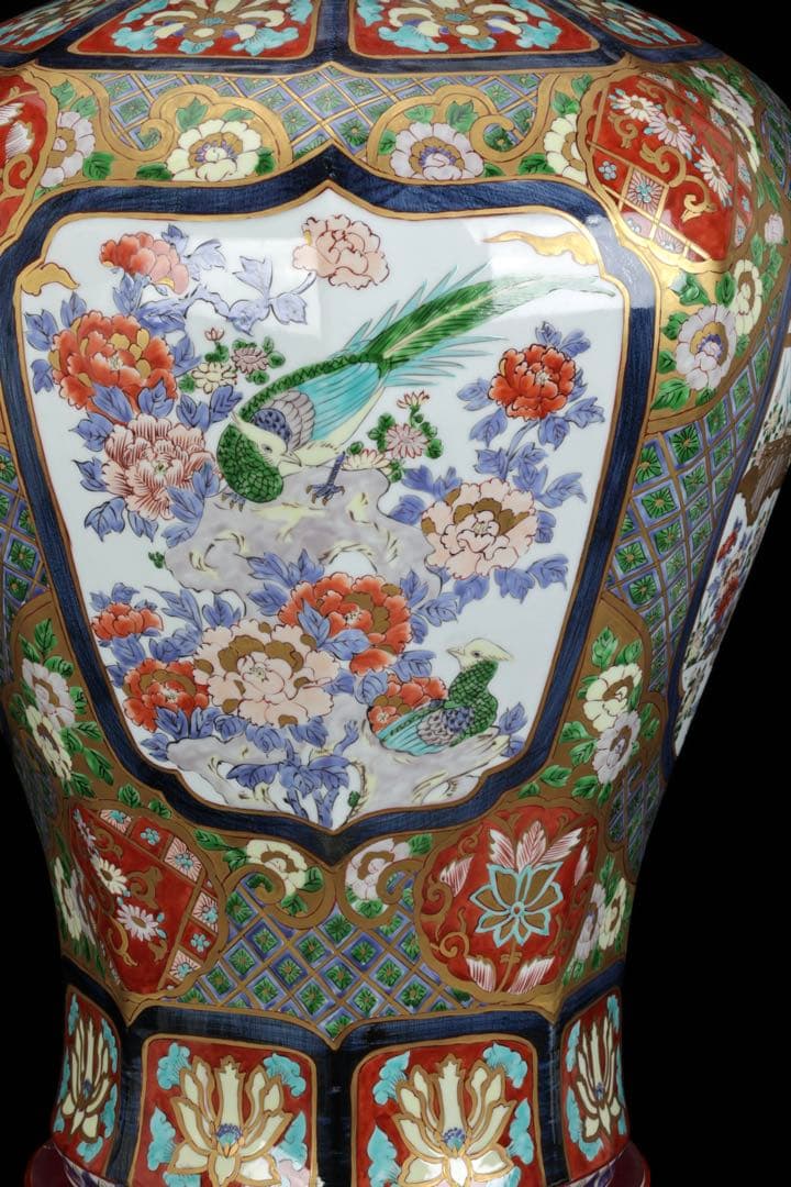 s*a様 有田焼 朱明窯 藤井朱明 染錦金彩獅子蓋孔雀図沈香壺 三段飾壺 特大9