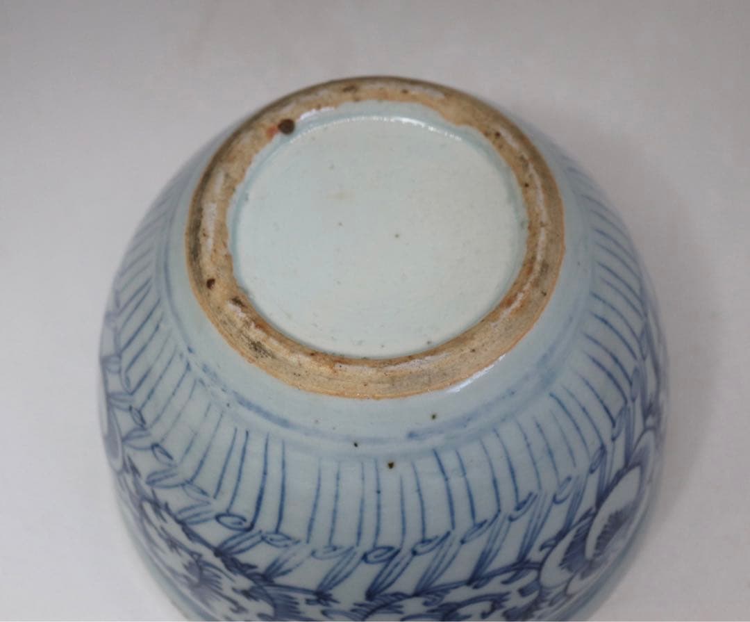 中国　清時代　青華纏枝蓮紋巻缸　木箱入　送料込み0817