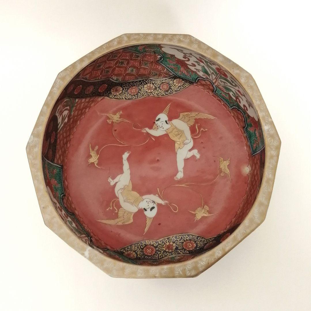 古伊万里　天使図　色絵　エンジェル　富貴長春　10角　大鉢