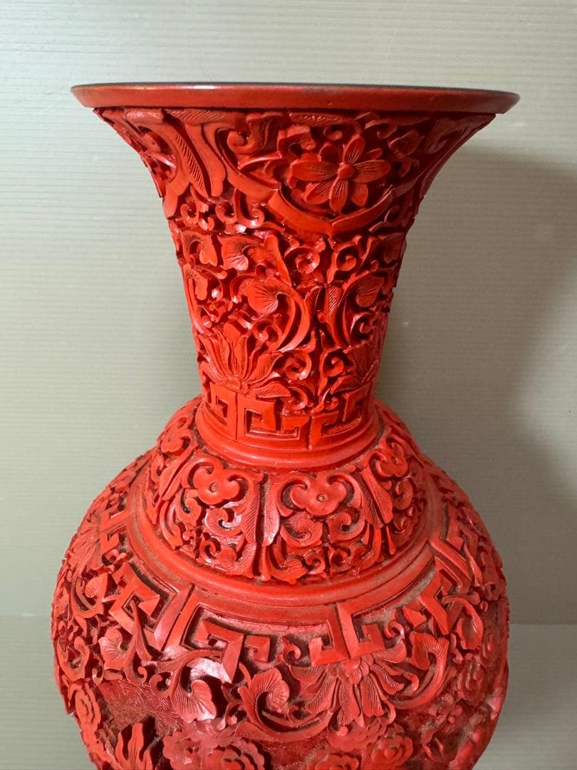 2722 中国美術 漆器 堆朱 剔紅 細密 唐草牡丹雲龍紋 花瓶