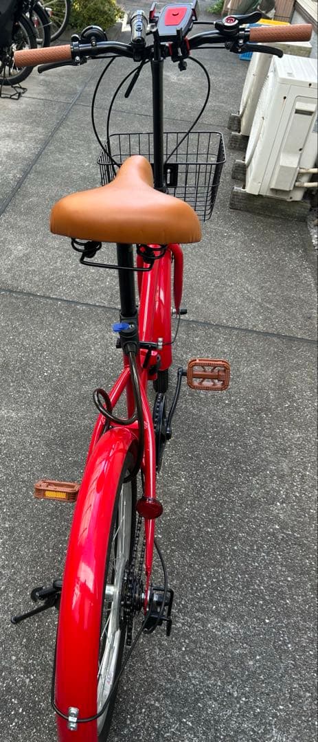 東京受渡 折り畳み自転車 20インチ 6段変速 赤 ライト・鍵・スマホホルダ付