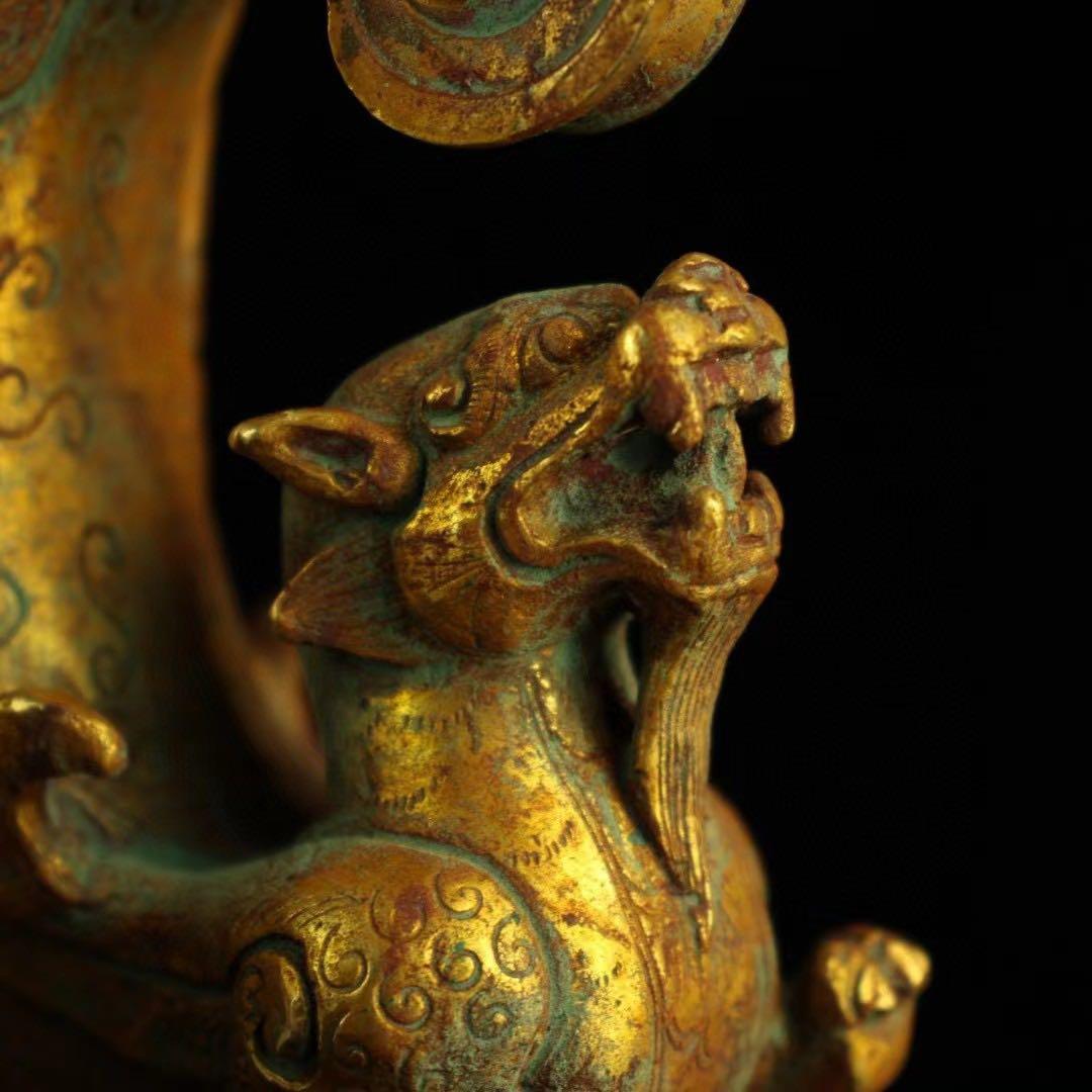 旧蔵、田舎入手、精銅、鎏金爬獣杯