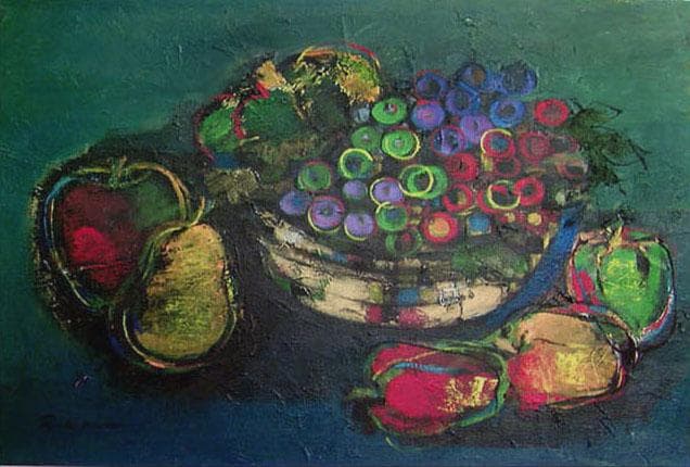 油絵 菅家令子 絵 絵画インテリア 額付(白) uF6-061304 フルーツ