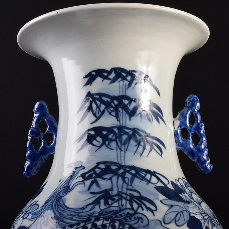 中国　青花　鳳凰花文　双耳瓶　高さ約43cm　M　R7622F