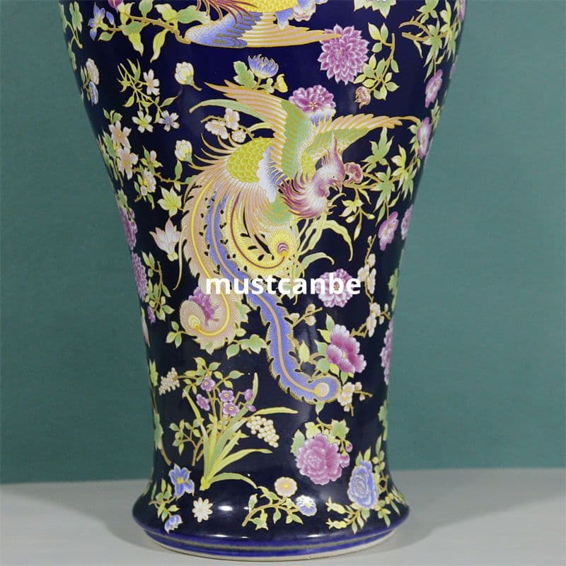 清康熙官窯藍底鳳凰紋将軍缶 景徳鎮 陶磁器 装飾品 現代工芸品 美術品 置物