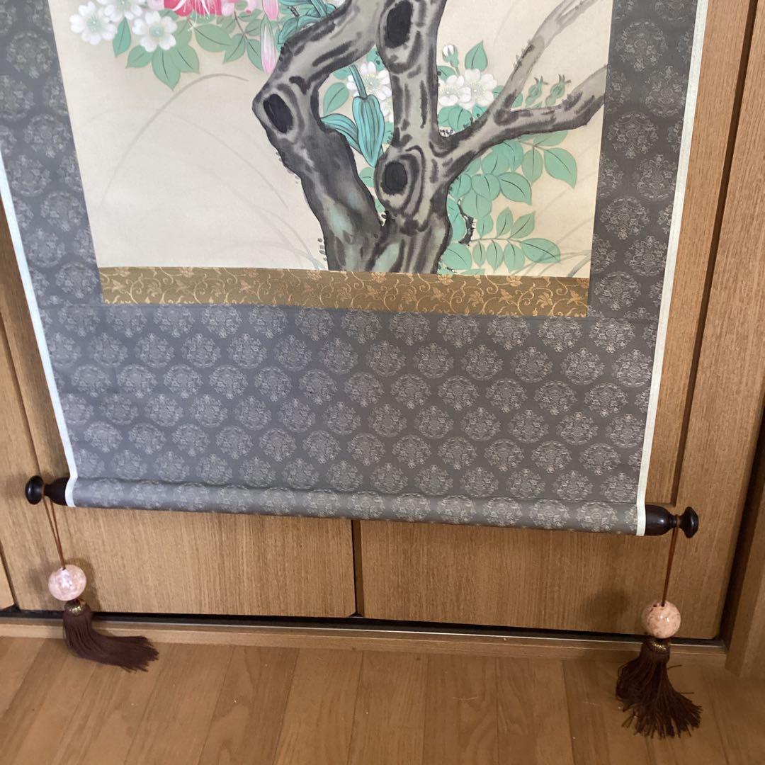 美品　佐久間雲窓　絹本着色【　柳に八八鳥之図　】　道元鑑識箱　　軸先細工木　共箱