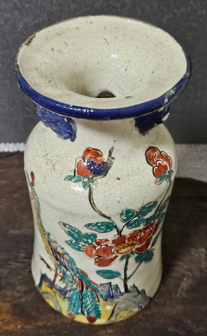 中国古美術　中国古陶磁器　清代　清朝期 色絵　古赤絵　鳥に花の図　広口瓶　花入れ