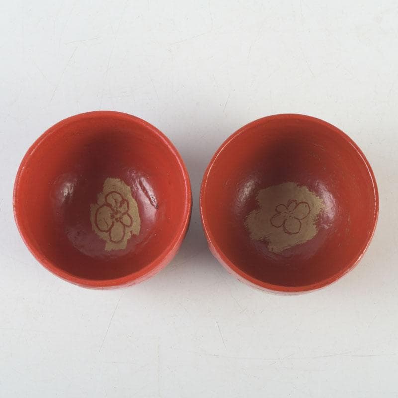 時代漆器　根來塗　梅蒔絵　盃　一對　N　9849