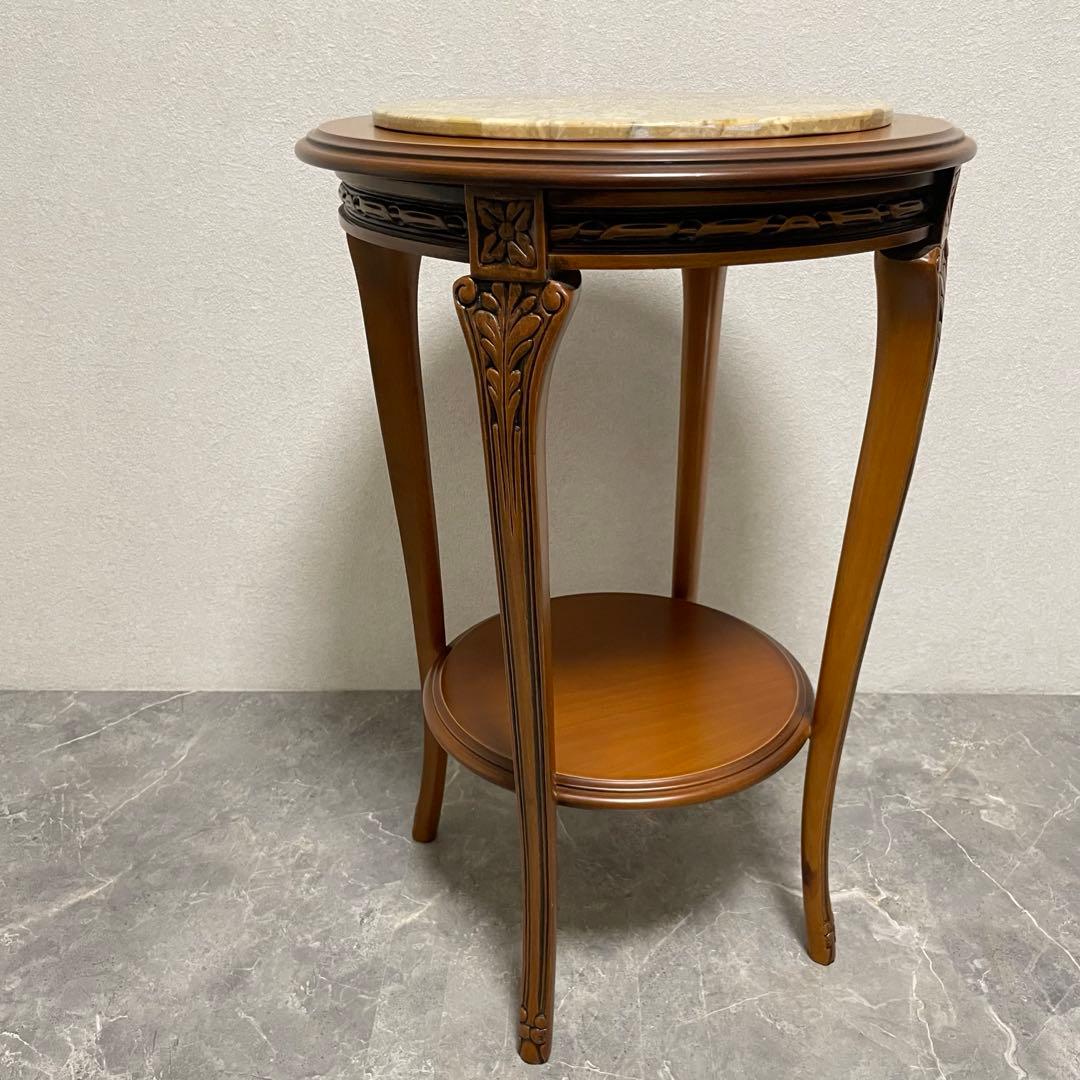 イタリア製　天板大理石　花台　サイドテーブル　木彫刻　飾り台　猫脚