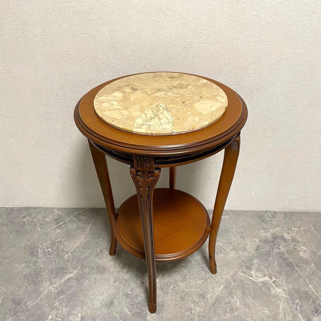 イタリア製　天板大理石　花台　サイドテーブル　木彫刻　飾り台　猫脚