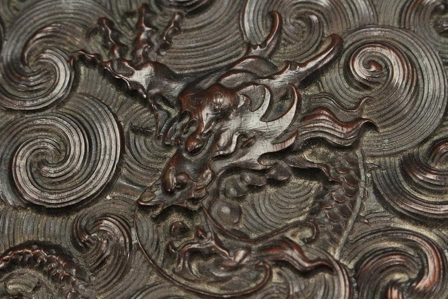 中国美術 紫檀 刻龍紋 四方蓋物(K-A834)