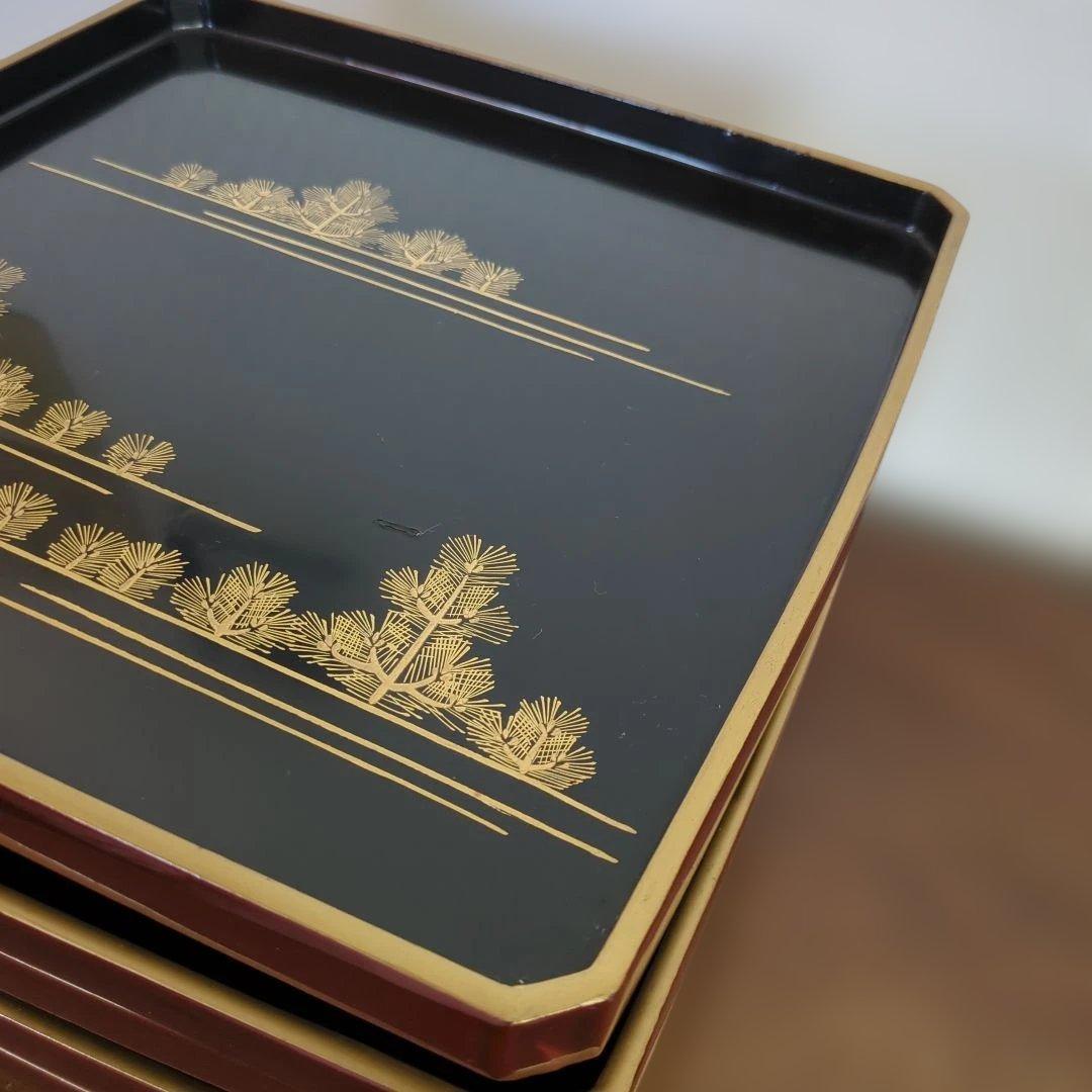 骨董　お膳　若松　蒔絵　角切　木製　漆器　脚付き　お盆　5枚