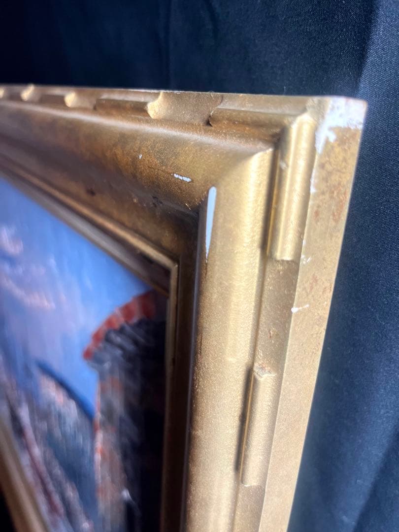 世界堂　額　豪華　額縁付き　油彩絵 船 風景 絵画　肉筆　サイン　アンティーク