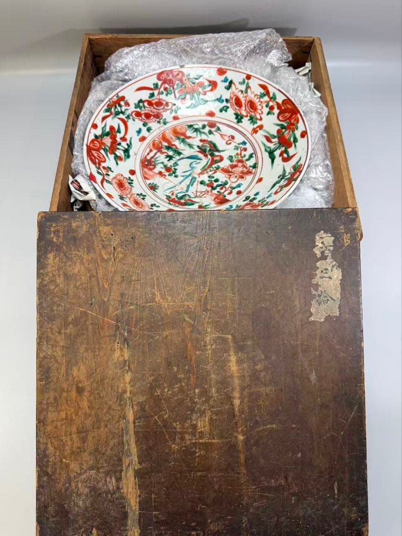 DT518 中国美術 呉須赤絵 鳳花紋皿 35.5cm 明末期 美品