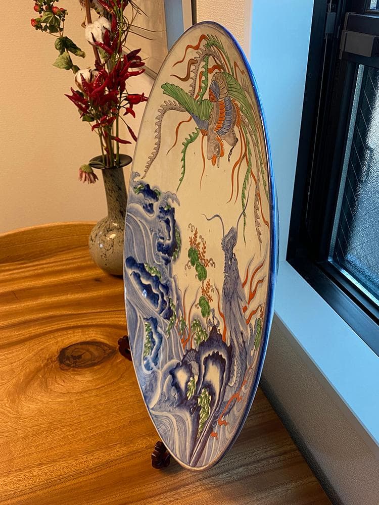 【瓷】　★ 瓷器 青花五彩龍鳳紋賞盤 ★　明治期　鳳凰 行龍 手描文様　明清磁器