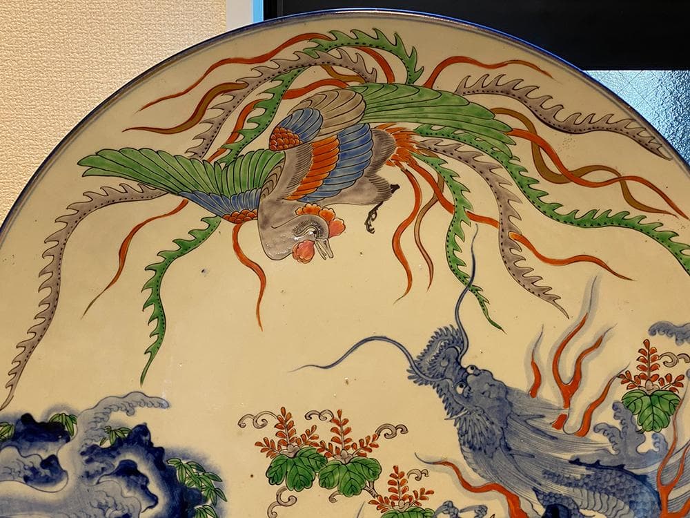 【瓷】　★ 瓷器 青花五彩龍鳳紋賞盤 ★　明治期　鳳凰 行龍 手描文様　明清磁器
