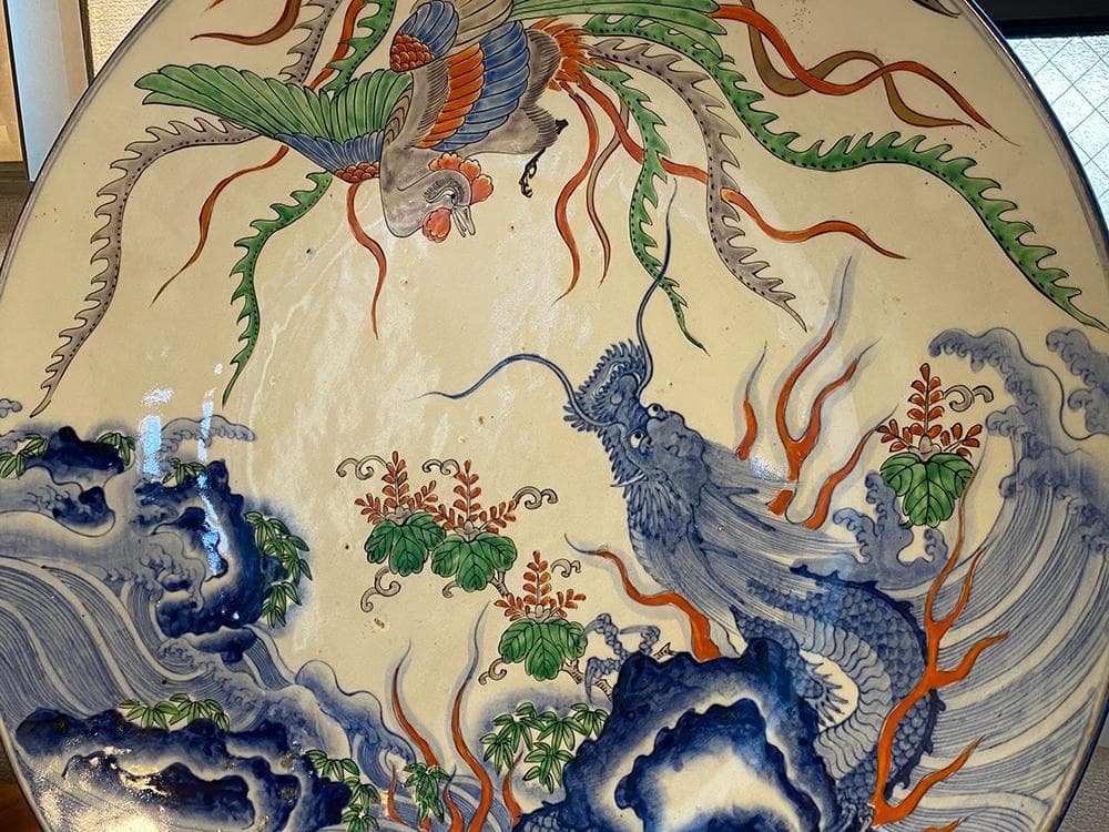 【瓷】　★ 瓷器 青花五彩龍鳳紋賞盤 ★　明治期　鳳凰 行龍 手描文様　明清磁器