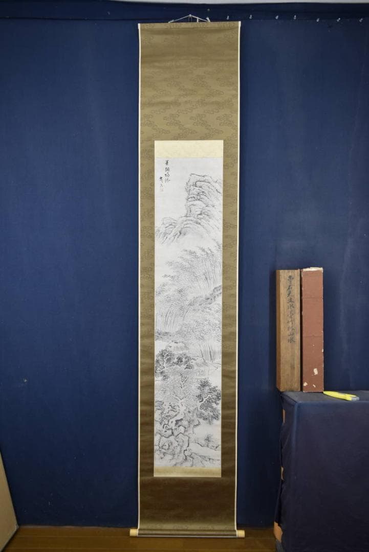 【真作】僧愛石/竹林山水人物図/掛軸/名家伝来/Z-967