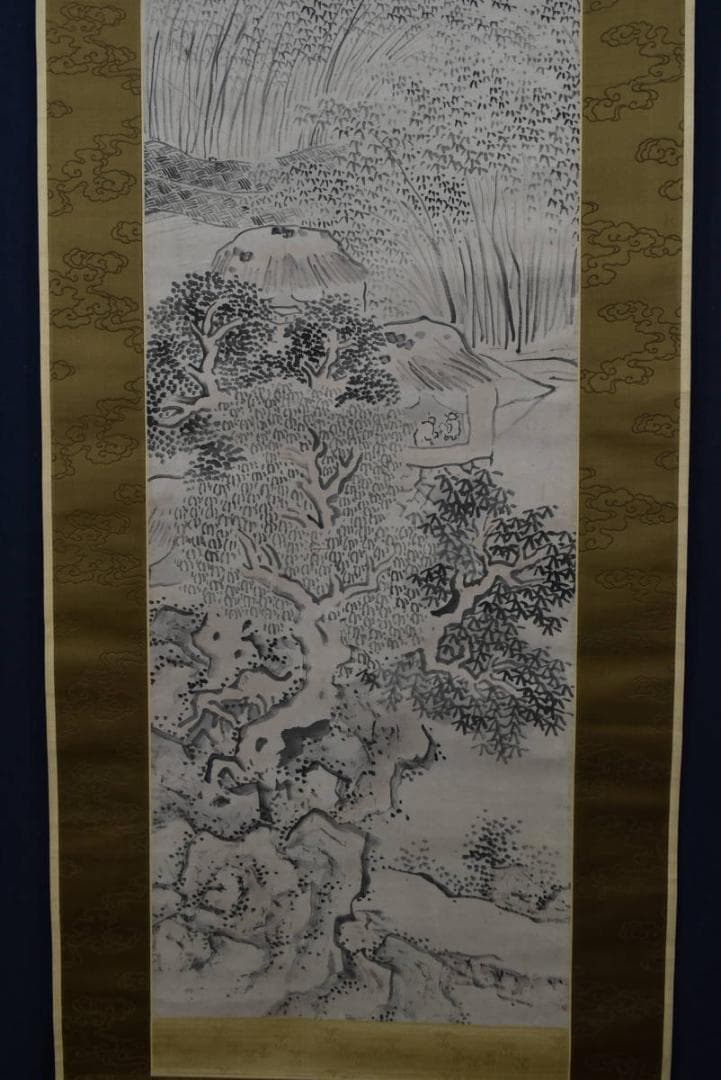 【真作】僧愛石/竹林山水人物図/掛軸/名家伝来/Z-967