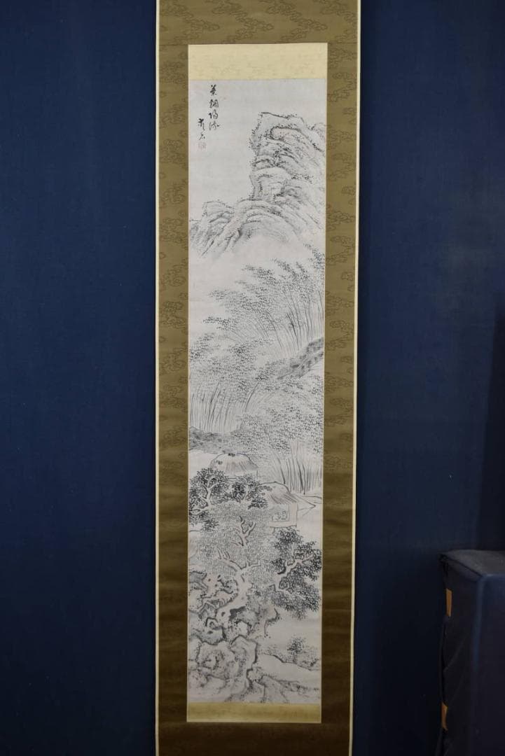 【真作】僧愛石/竹林山水人物図/掛軸/名家伝来/Z-967