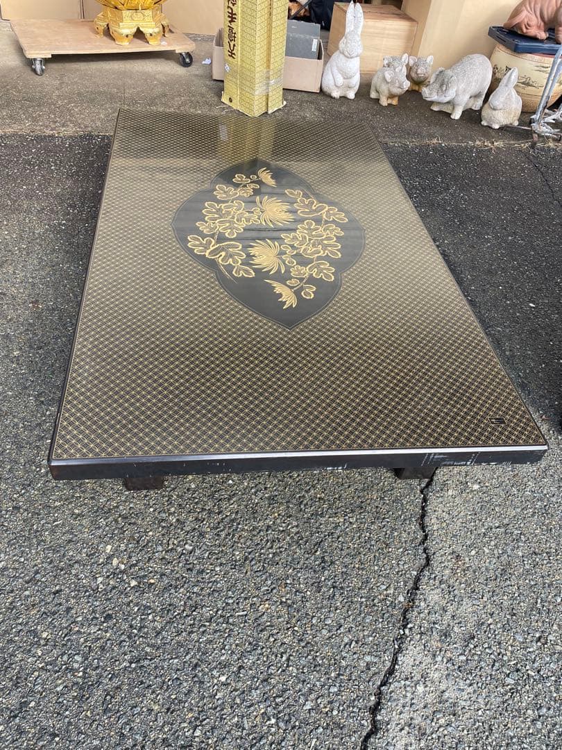 輪島塗 東恒博 溜塗 菊花　沈金 ローテーブル　在銘　蒔絵