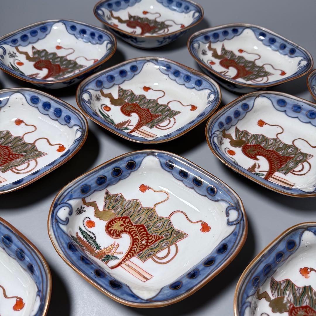 明治時代　色絵扇子文様菱形皿　10客　蝶　植物　古伊万里　アンティーク　食器