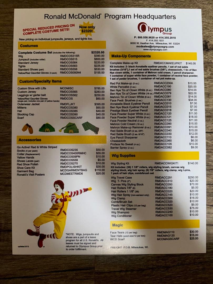 アメリカ マクドナルド ロナルド ペーパーファイル 衣装カタログ 印刷物 レア